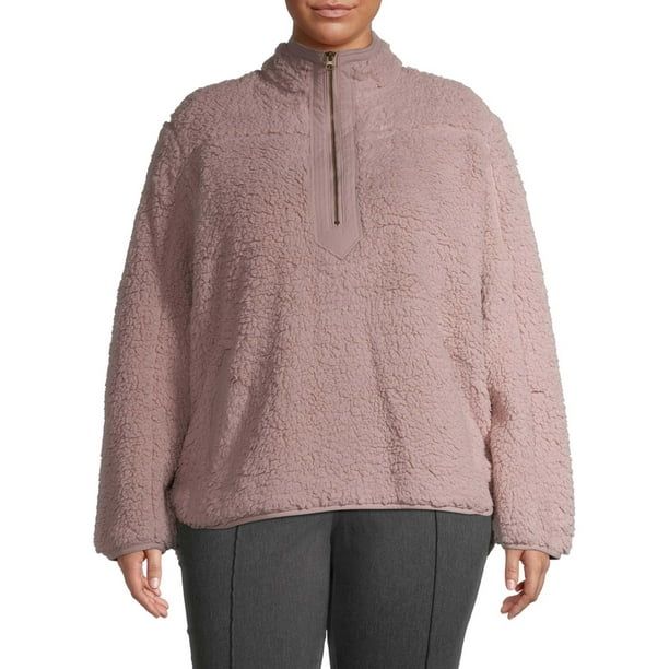 Time and Tru Women's Plus Size Quarter Zip Faux Sherpa Pullover | Walmart (US)