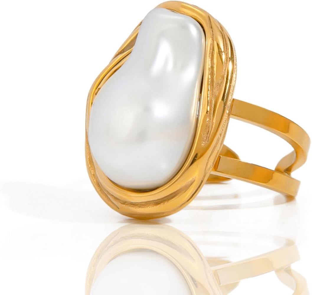 Boho Red Heart Gold Band Rings Pearl Ring, Dainty Adjustable Statement Rings, Open Wrap Stackable... | Amazon (US)