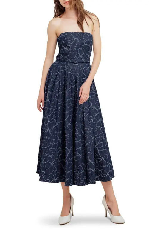 FREEMARKET Printed Strapless Belted Denim Midi Dress at Nordstrom, Size Small | Nordstrom