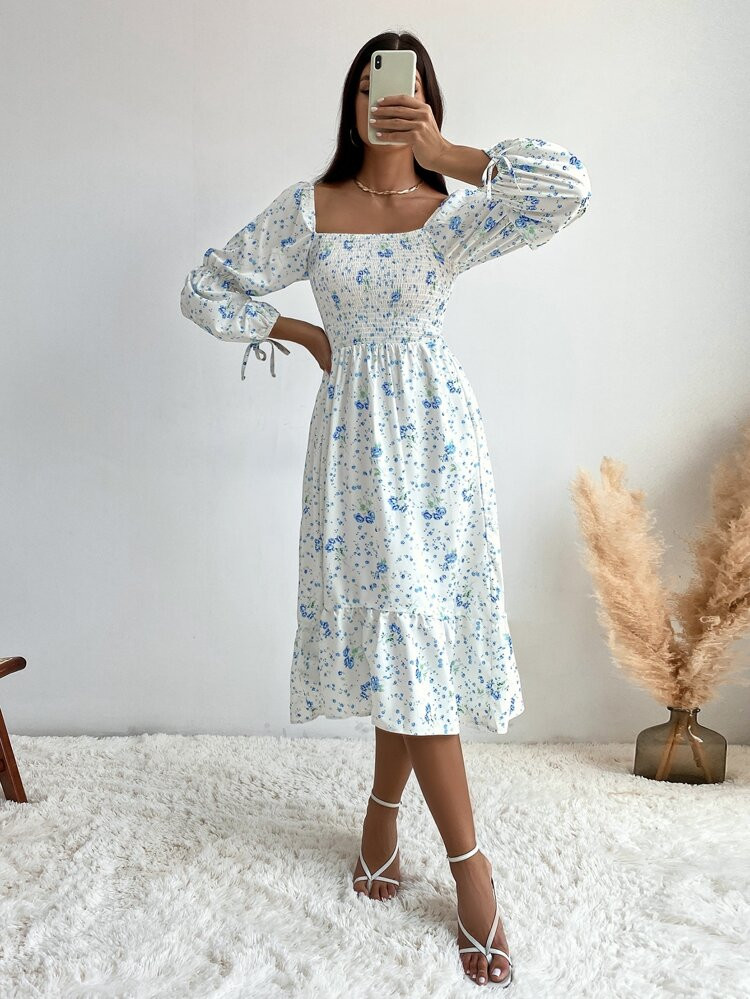 Floral Print Shirred Tie Cuff Square Neck Ruffle Hem Milkmaid Dress | SHEIN