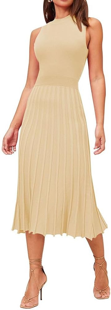 Pink Queen Women's Crew Neck Sleeveless High Waisted Bodycon Pleated Ribbed Swing Knit Midi Dress... | Amazon (US)