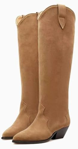 Suede Cowboy Boots for Women Pointed Toe Cowgirl Knee High Boots Chunky Heels Tall Boot Dressy Pu... | Amazon (US)