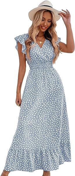 MakeMeChic Women's Allover Print Ruffle Sleeve V Neck Ruffle Hem A Line Summer Maxi Dress | Amazon (US)