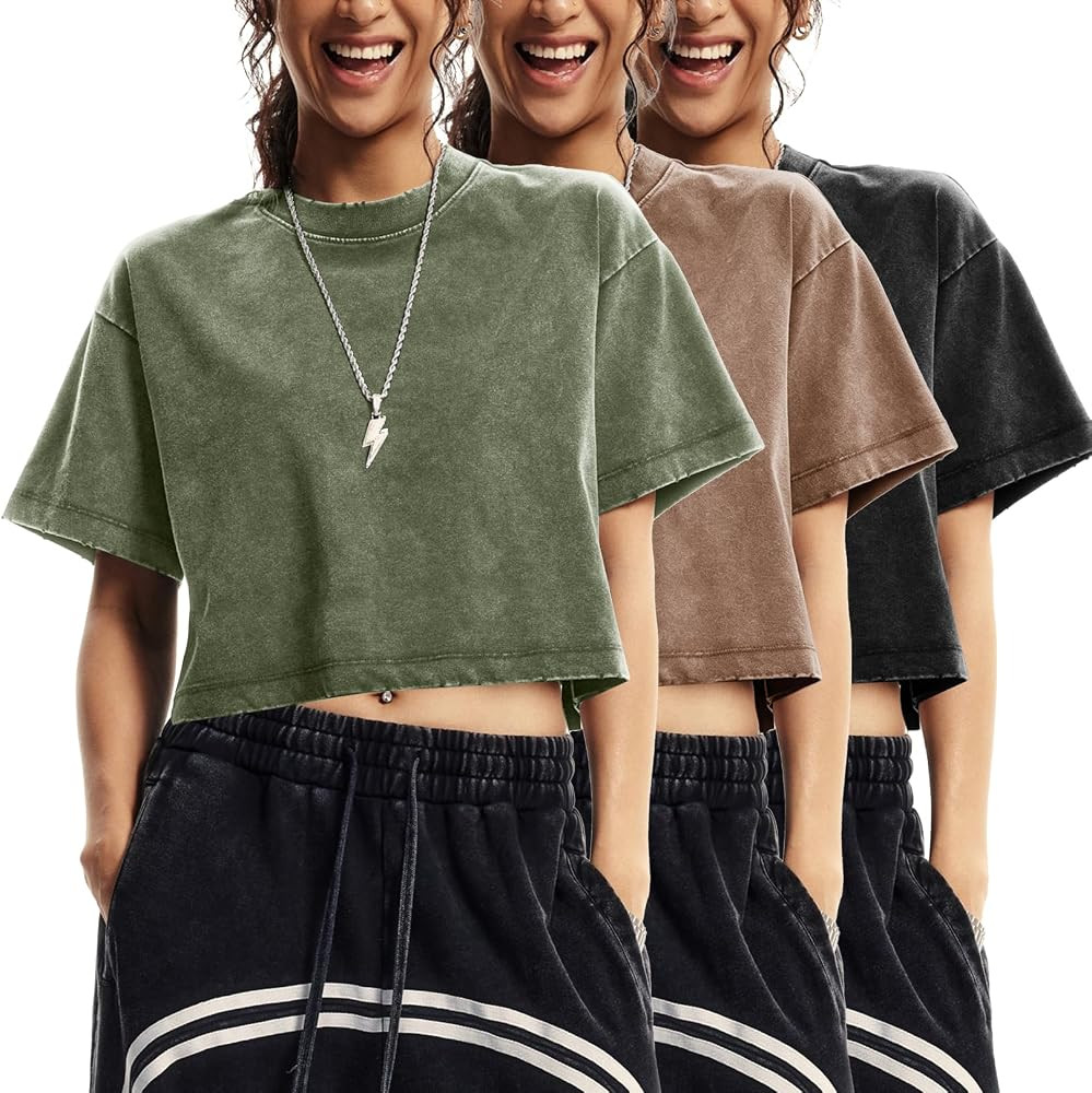 Flygo Womens Crop Tops Acid Wash Oversized T Shirts Vintage Cotton Cropped Tees Short Sleeve Bagg... | Amazon (US)