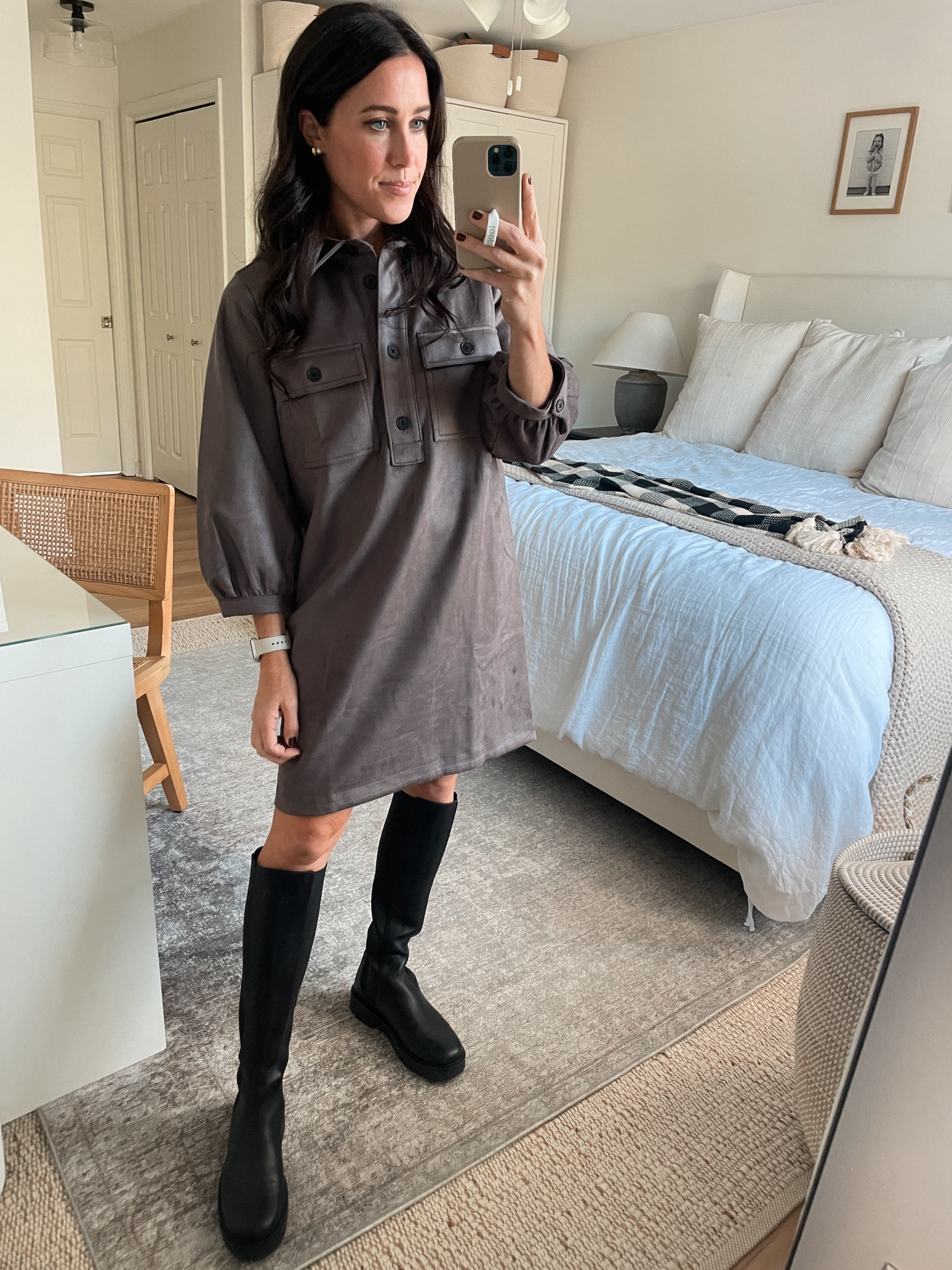 Faux suede dress
Wearing small petite 

#LTKStyleTip #LTKSeasonal #LTKFindsUnder100