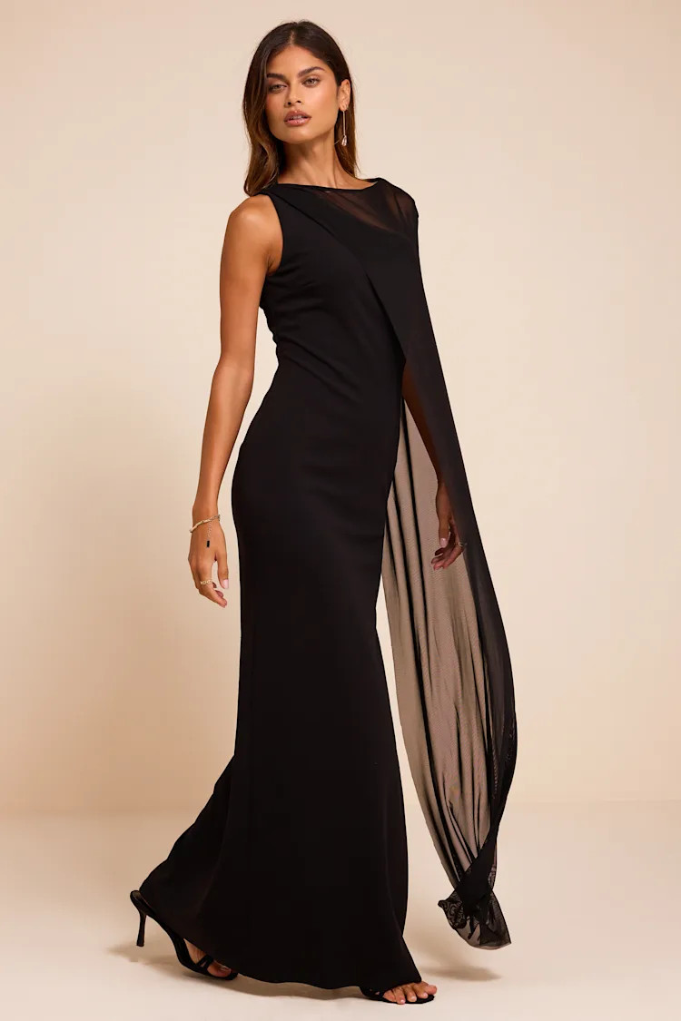 Stassi Black Asymmetrical Cape Maxi Dress | Lulus