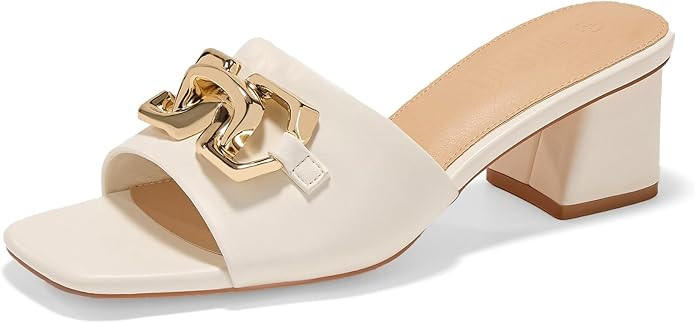 Women's Raffia Slide Sandals Square Open Toe Sandal Chunky Heeled Metal Chain Dressy Shoes | Amazon (US)