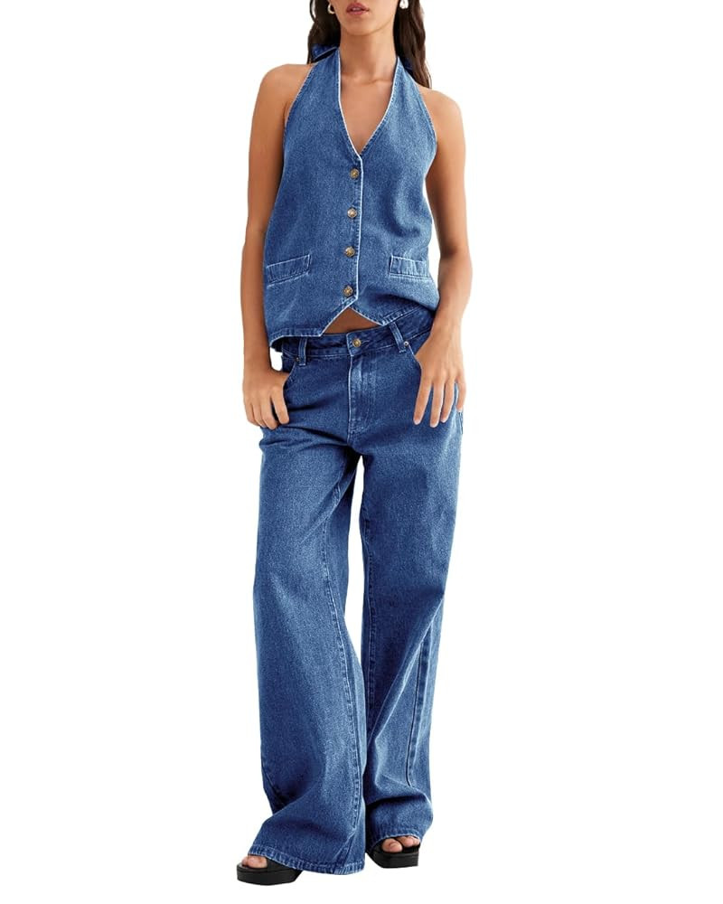 Fisoew Women's Two Piece Denim Set Button Down Backless Tank Top and Wide Leg Jeans 2 Piece Outfi... | Amazon (US)