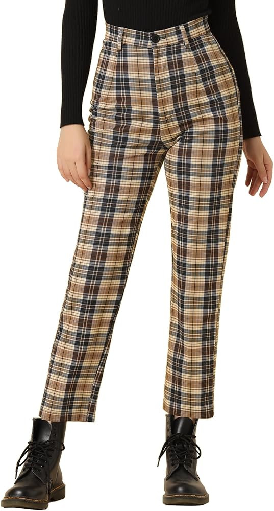 Allegra K Women's Plaid Pants High Waisted Vintage Tartan Checkered Cropped Casual Work Pants | Amazon (US)