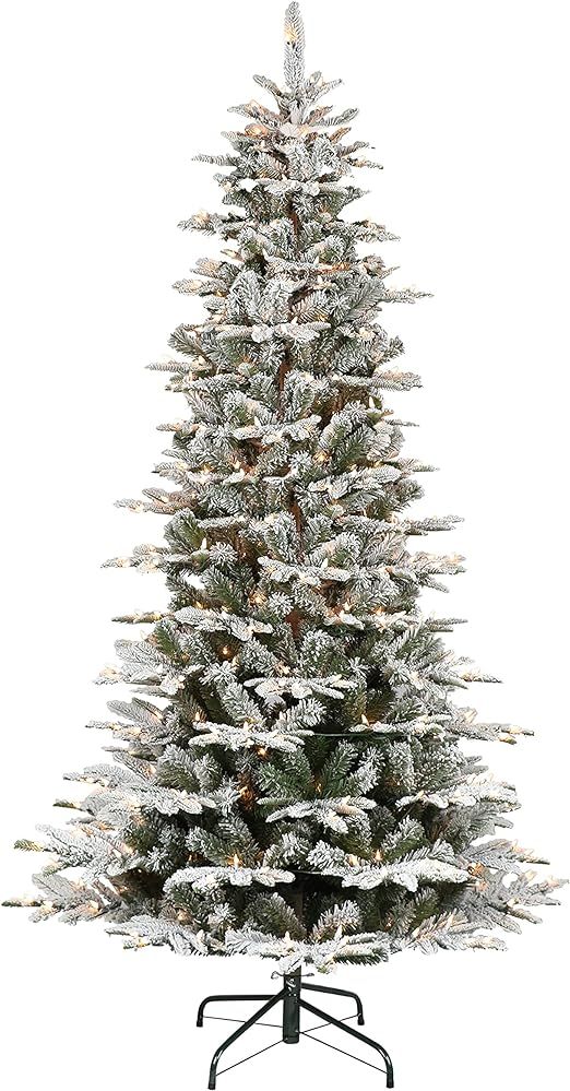 Amazon.com: Puleo International 6.5 Foot Pre-Lit Slim Flocked Aspen Fir Artificial Christmas Tree... | Amazon (US)