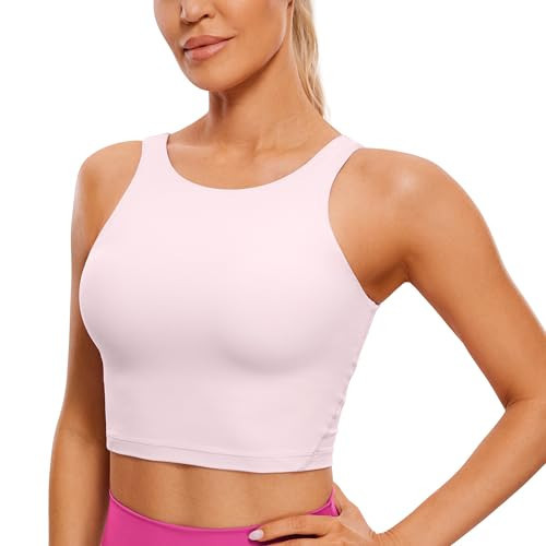 CRZ YOGA Butterluxe Womens High Neck Longline Sports Bra - U Back Padded Crop Workout Tank Top with Built in Pads Strawberry Pink Medium | Amazon (US)