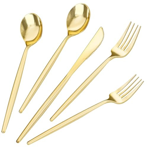 LIYH 360 Pcs Heavyduty Gold Plastic Silverware Set - Elegant Gold Silverware Disposable Utensils Set for Weddings, Parties & Events - Includes Forks, Spoons, Knives, Cutlery Tableware | Amazon (US)