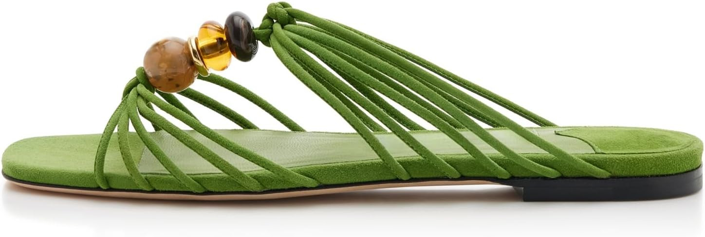 Womens Strappy Flat Slide Sandals Dressy Slip On Sandals Square Open Toe Beaded Summer Slides Vac... | Amazon (US)