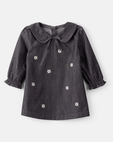 Baby Girl Floral Motif Chambray Long-Sleeve Dress - Grey | Carter's Inc