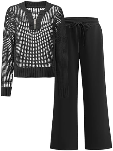 ANRABESS Womens 2 Piece Outfits 2025 Fall Crochet Knit Half Zip Sweater Top Wide Leg Pant Travel ... | Amazon (US)