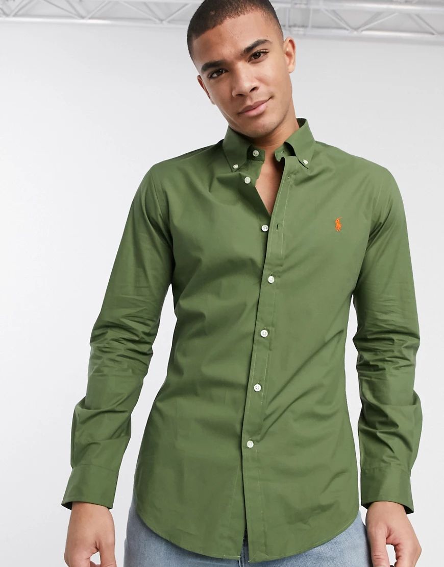 Polo Ralph Lauren slim fit poplin shirt in olive button down with logo-Green | ASOS (Global)