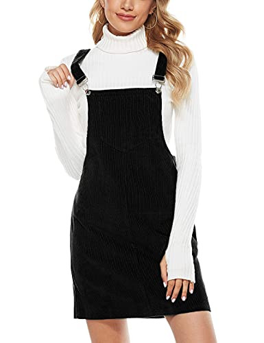 Hooever Women's Cute Corduroy Overall Bib Dress Pinafore Suspender Dress Skirt Jumper（Black-S） | Amazon (US)