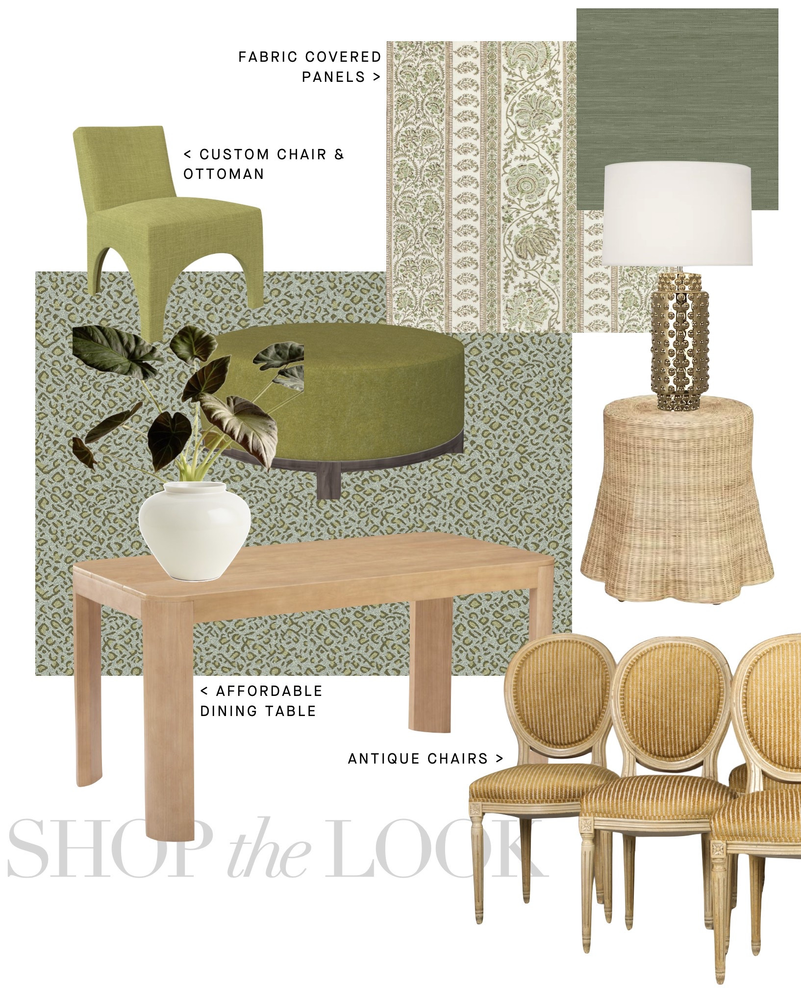 Designer yellow and green dining area and living room design with grass cloth wallpaper, Lee Jofa fabric panels, antique dining chairs, and custom upholstery, interior design inspiration 

#LTKHome #LTKStyleTip
