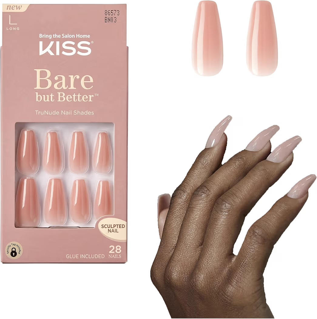 KISS Bare but Better, Press On Nails, Nail glue included, 'Nude Glow', Color, Long Size, Coffin S... | Amazon (US)