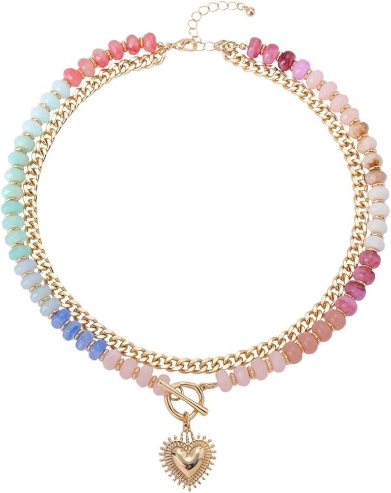 Colorful Acrylic Beaded Necklace For Women, Boho Double Layer Rainbow Beads Thick Cuban Chain Chu... | Amazon (US)