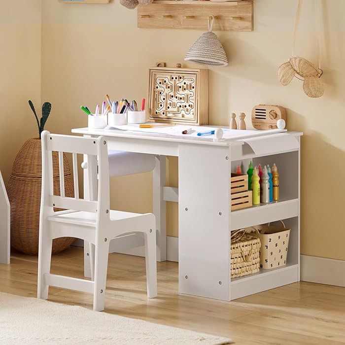 Haotian Kids Craft Table and Chair Set with Paper Roller, Paint Cups & Storage Shelves, 2 in 1 Wo... | Amazon (US)