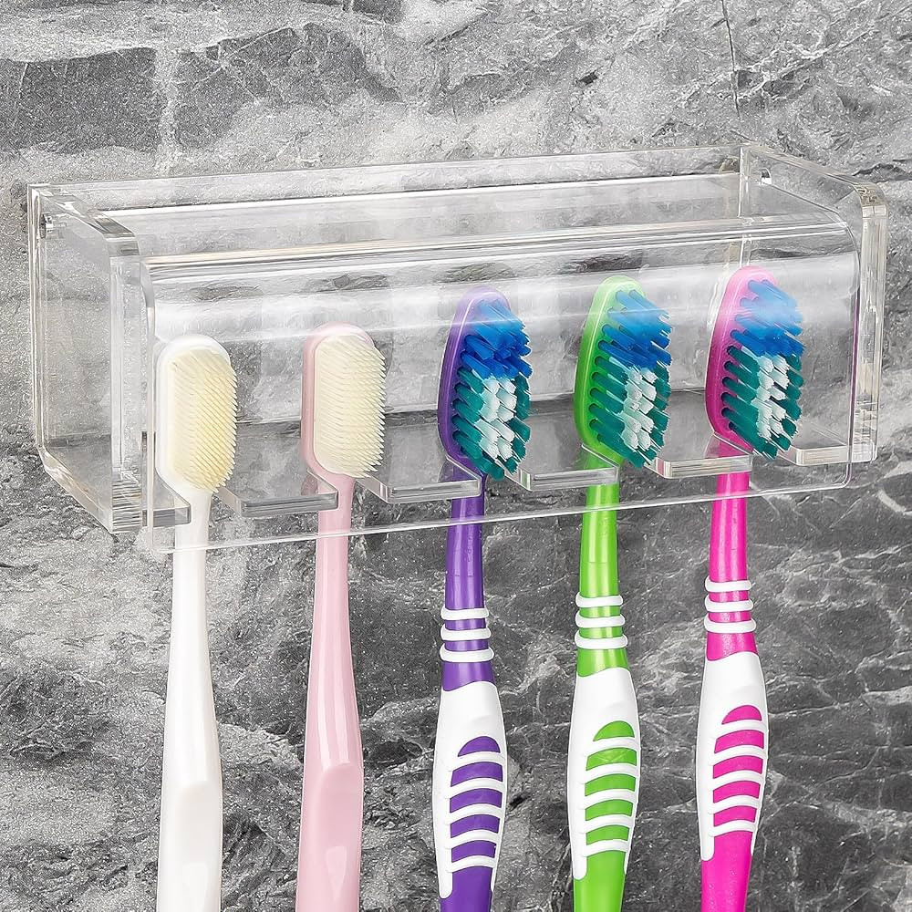 5 Slots Wall Mount Toothbrush Holder with Cover, Self Adhesive Toothbrush Storage Organizer for S... | Amazon (US)