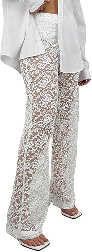 Women's Sexy See Through Lace Pants Transparent Sheer Mesh Straight Leg Pants Hollow Out Slim Tro... | Amazon (US)