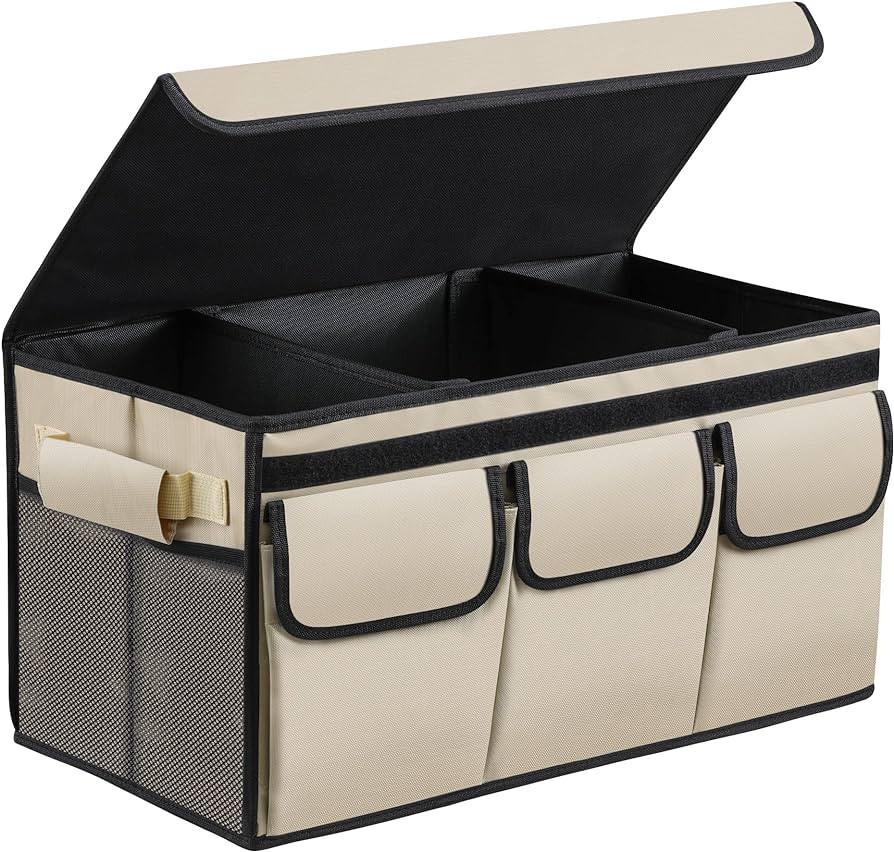 Beige Car Trunk Storage Organizer With Lid, Collapsible Multi Compartment SUV Trunk Organizer, No... | Amazon (US)