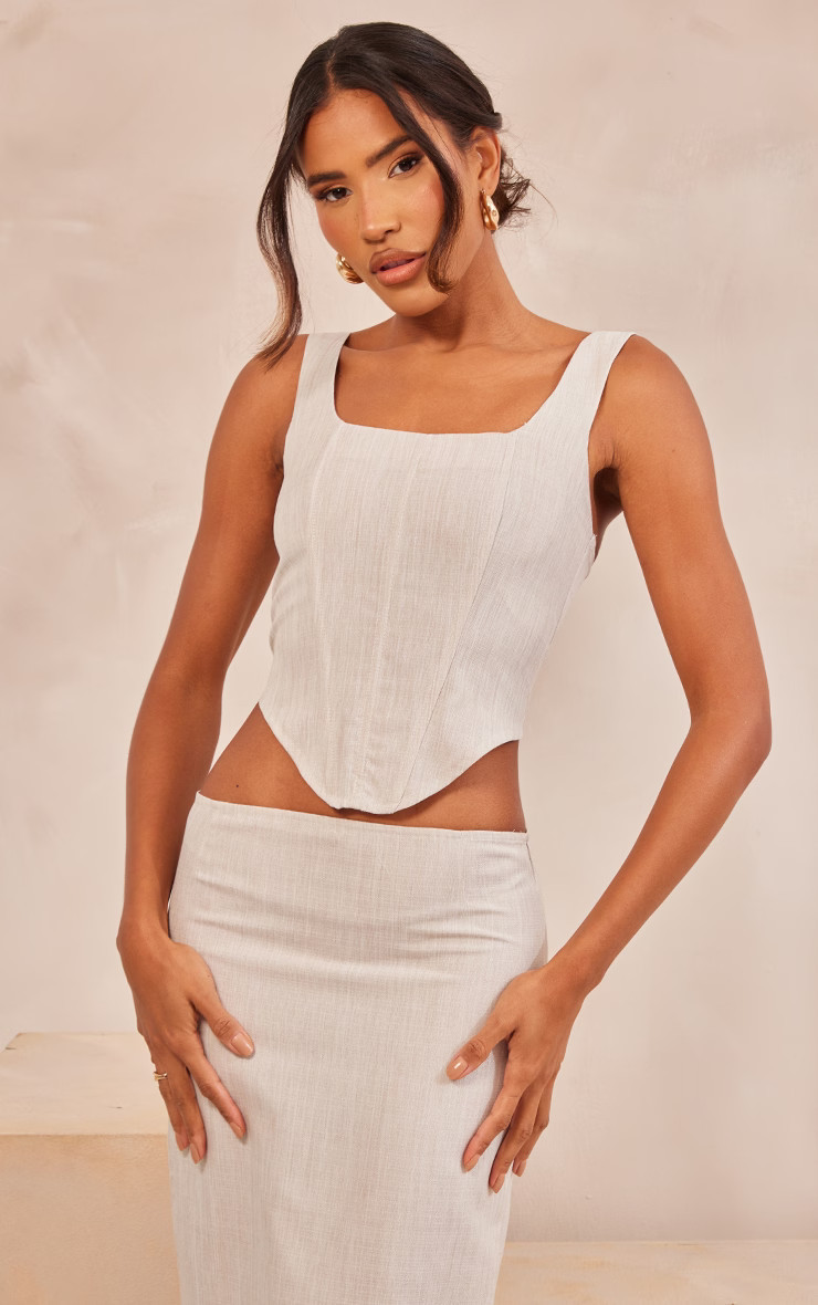 Stone Linen Look Dip Front Corset | PrettyLittleThing UK