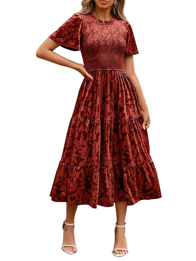 Simplee Velvet Dress for Women Semi Formal Short Sleeve Floral Smocked Empire Waist Fall Winter W... | Amazon (US)