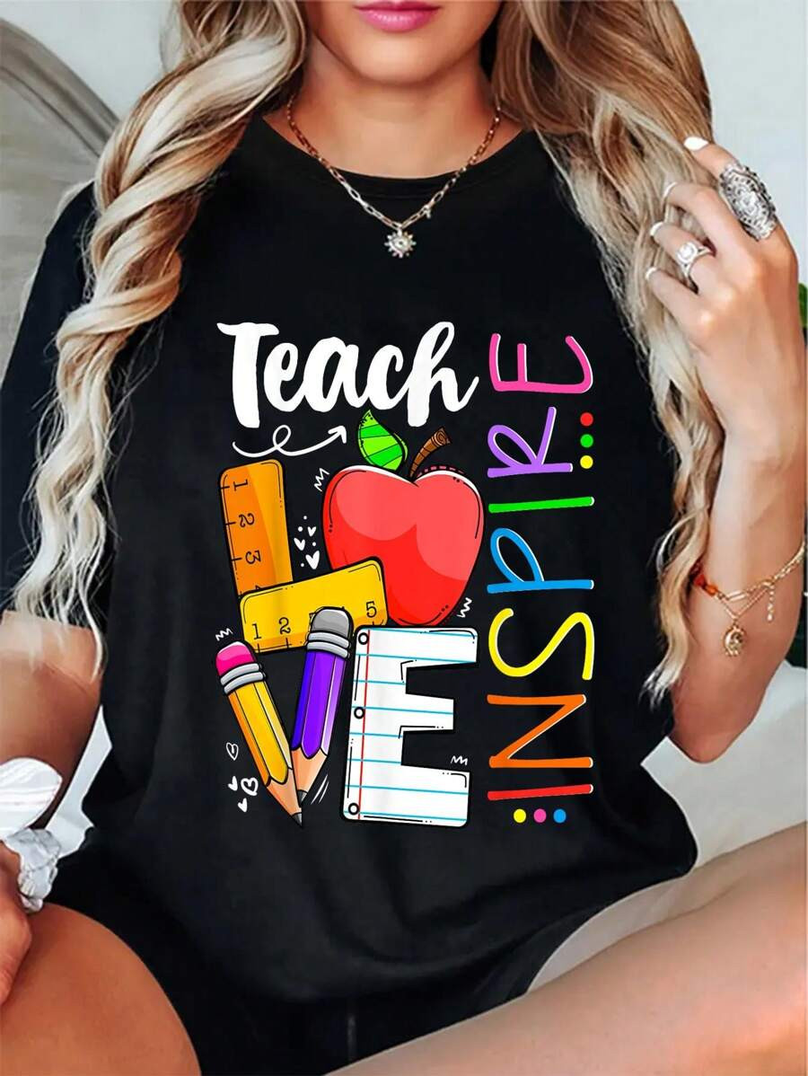 100% Cotton Cute Teach Love And Inspire Men Women Teacher T-Shirt | SHEIN