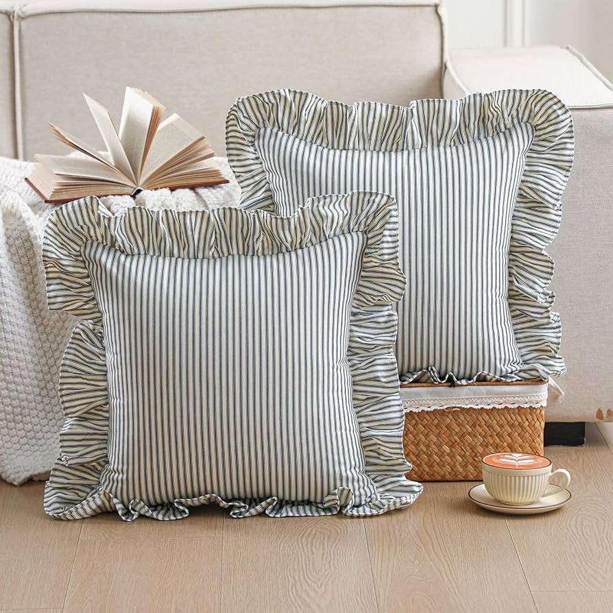 Tegeme Ruffled Dusty Blue and White Striped Pillow Cover Rustic Farmhouse | Amazon (US)