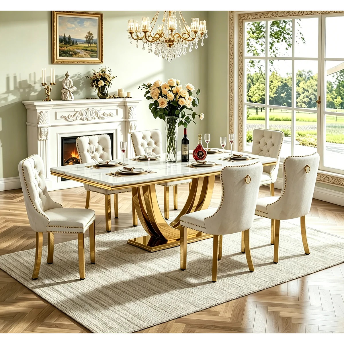Luxury Marble Dining Table Set for , 68" Dining Room Table with Dining Chairs, White Dining Table... | Wayfair North America