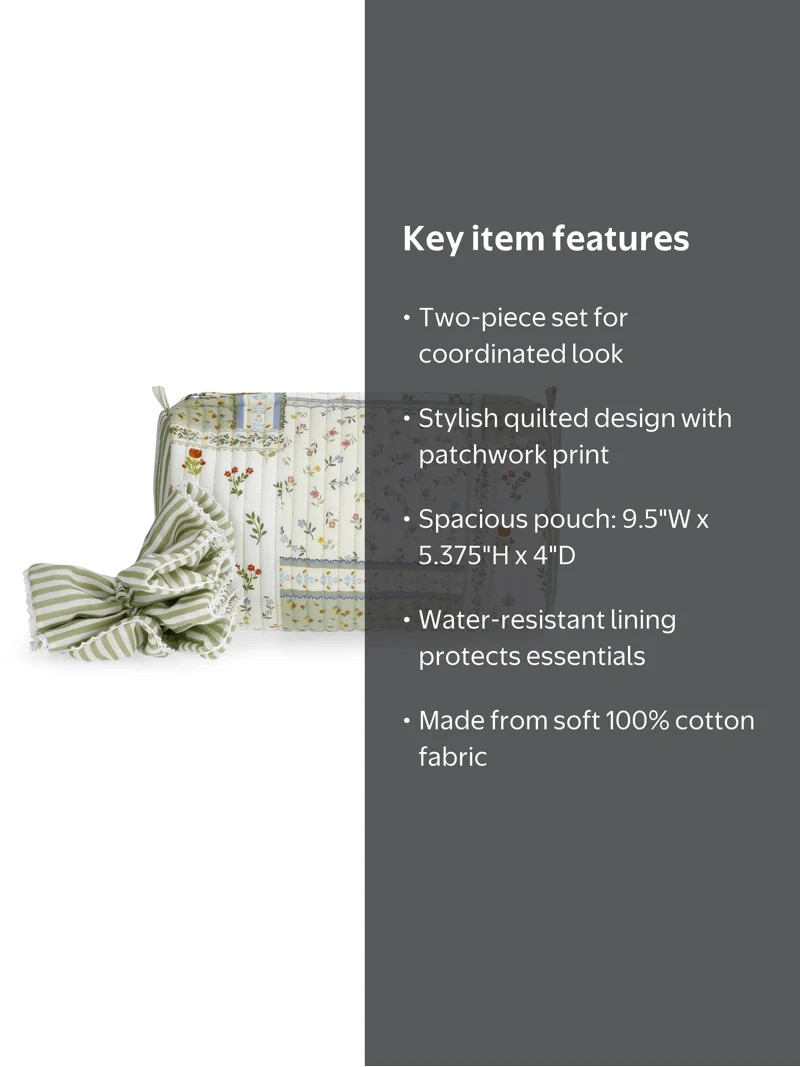 No Boundaries Quilted Pouch with Hair Scrunchie Set, 2-Piece, Women's, Green Patchwork | Walmart (US)
