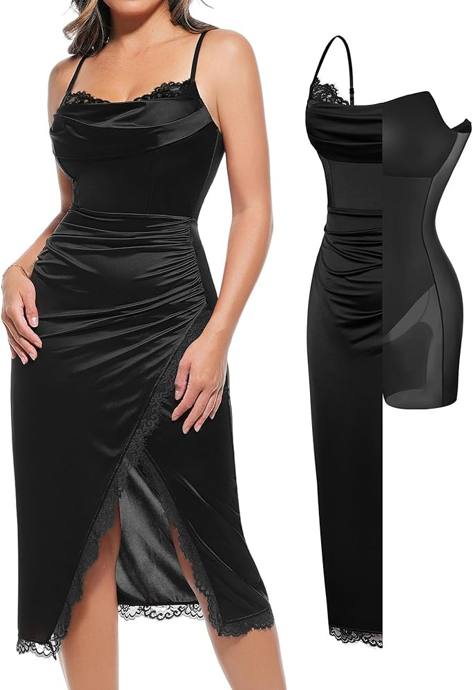 Popilush Shapewear Corset Dress Women's Satin Ruched Midi Dress Cocktail Date Night Classy Dresse... | Amazon (US)
