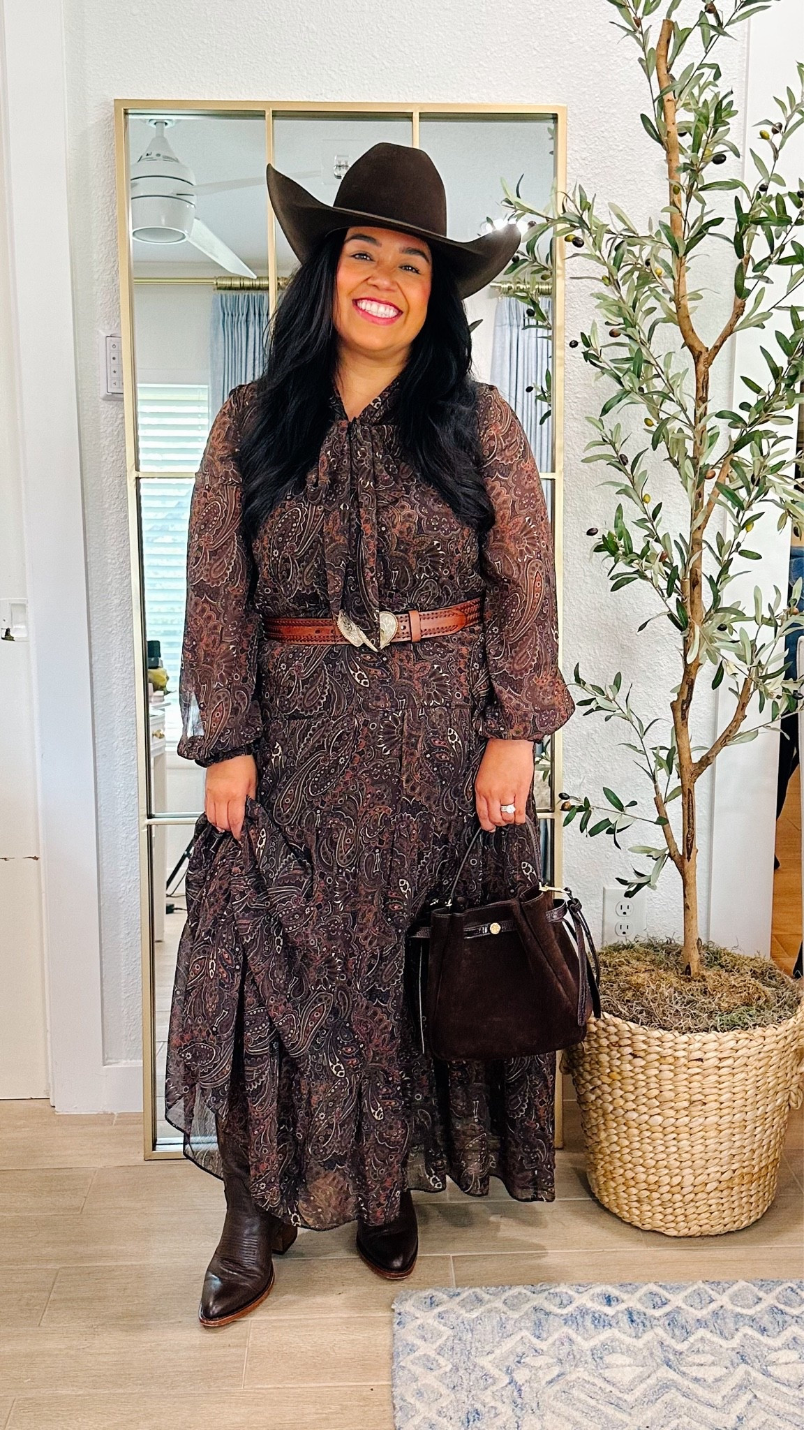 This dress by Lauren Ralph Lauren maxi makes me feel so fall! I love the paisley design and I love that it of course is chocolate brown. I’m wearing a size 14 and I feel like the sizing is true to size. @macys 

My boots are the Juany boot from Rockem and are also available in Black!

My purse is from Tory Burch and is a favorite from last season that I know I’ll be using again so much this season as well!

My hat is from American Hat Co. and is a new purchase from this season as well! It’s the perfect chocolate brown, and I can’t wait to wear it so much this season!

Petite fall fashion, petite fall outfits, petite fashion, petite style, petite outfit ideas, petite fashion over 40, midsize fashion, midsize fall fashion, midsize fall outfits, midsize outfit ideas, transitional fall outfits, fall layering ideas, what to wear this fall, fall fashion trends 2026 chocolate brown fall outfit, plaid fall outfit,  suede fall outfit,  fall preppy outfit, fall jewel tones, fall neutrals, fall layering, fall boots outfit, Smiles and Pearls

#LTKgrwm #LTKOver40 #LTKMidsize