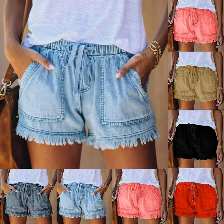 POTETI Denim Womens Jean Shorts High Waisted Shorts for Women Light Blue Drawstring with Pockets ... | Walmart (US)
