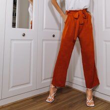Solid Paper Bag Waist Belted Pants | SHEIN