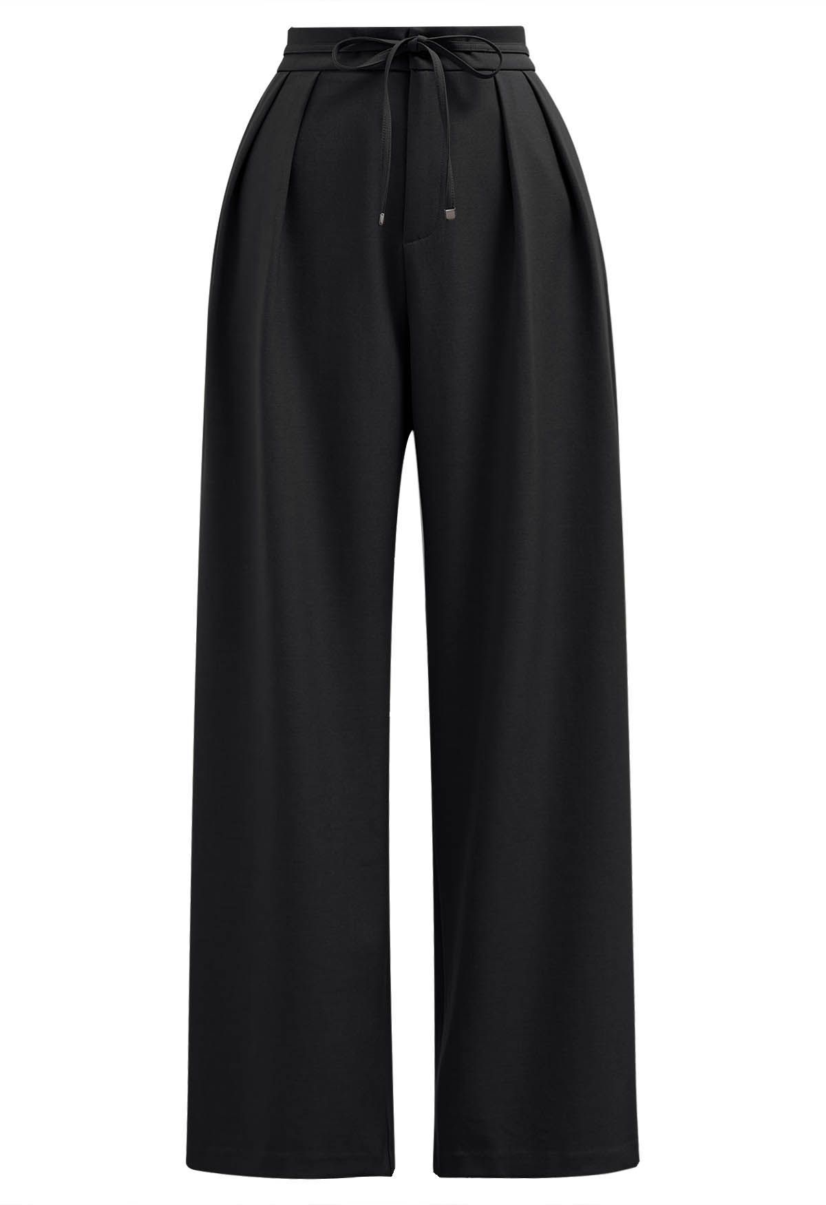 Gentle Pleats Side Pockets Straight-Leg Pants in Black | Chicwish