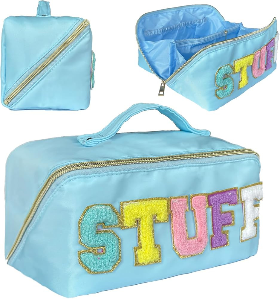 Stoney Clover Dupes Preppy Makeup Bag Blue Stoney Clover Stuff Bag for Travel Chenille Letter Bag Large Capacity Travel Cosmetic Bag Nylon Pouch Lay Flat Makeup Bag Open Flat Varsity Letter Bag | Amazon (US)