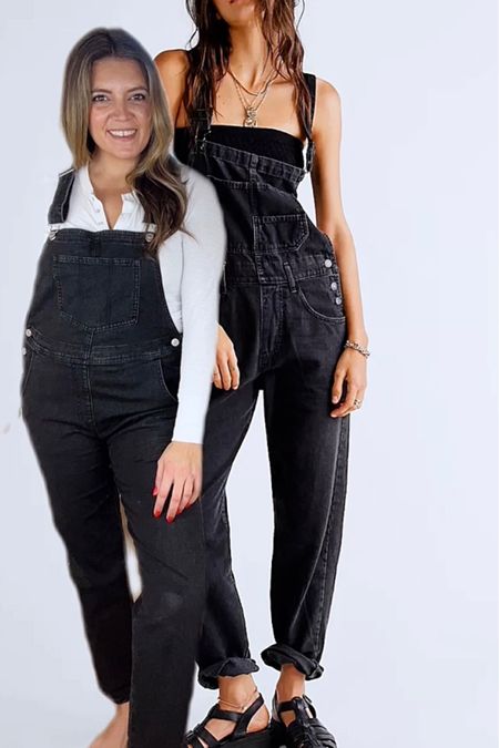 Free people overalls dupe. Look for less. Black straight leg overalls. Overalls fit true to size, but size up if you want a slouchy fit. Amazon overalls less than half the price. 

#LTKunder100 #LTKunder50 #LTKstyletip
