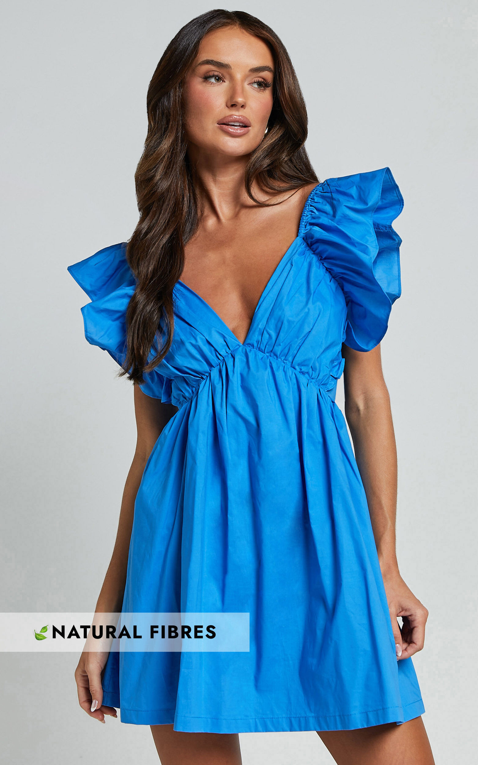 Raiza Mini Dress - Ruffle Sleeve Tie Back Plunge Dress in Blue | Showpo (US, UK & Europe)