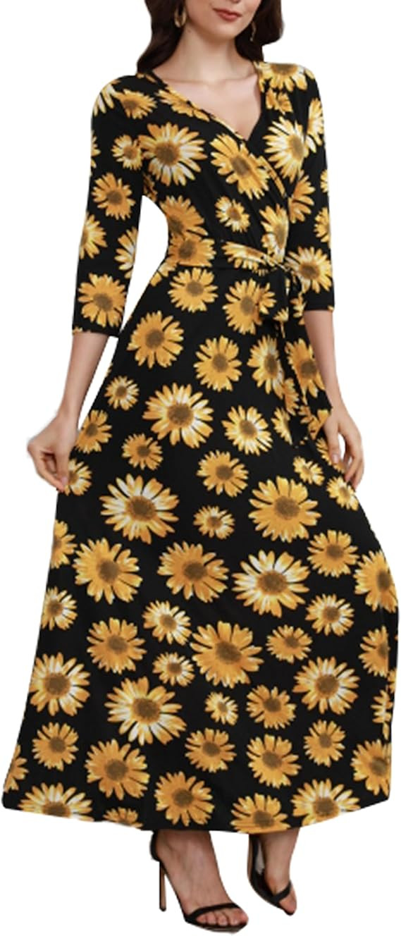 Aphratti Women's Casual Spring Maxi Dress 3/4 Sleeve V Neck Faux Wrap Floral Flowy Long Maxi Dres... | Amazon (US)