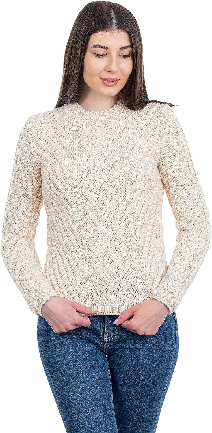 SAOL Ladies Wool Blend Irish Aran Fisherman Tunic Fitted Sweater | Amazon (US)