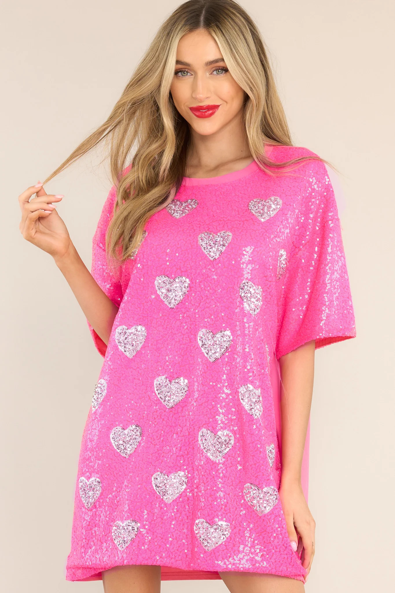 The Moment Hot Pink Sequin Heart Shirt Dress | Red Dress 