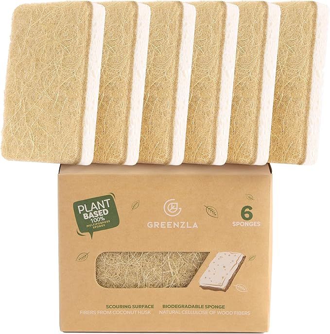 Greenzla Natural Kitchen Sponges 6 Pack - Plant-Based Biodegradable Sisal Hemp Dish Sponge - Eco-... | Amazon (US)