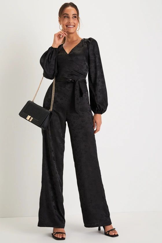 Classy Charisma Black Jacquard Long Sleeve Jumpsuit | Lulus
