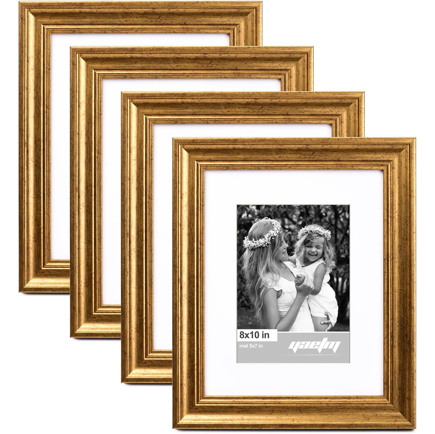 Yaetm 8x10 Picture Frame Matted to 5x7 Set of 4, 1.4” Wide Molding & Rustic Gold Photo Frames 8... | Amazon (US)