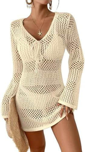 Bsubseach Women Swimsuit Crochet Coverup Long Sleeve V Neck Beach Knit Bathing Suits Cover Ups Me... | Amazon (US)