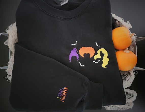 Spooky Witch Embroidered Crewneck Sweatshirt, Halloween Shirt, Spooky Season T-shirt, Bat Sweatsh... | Etsy (US)